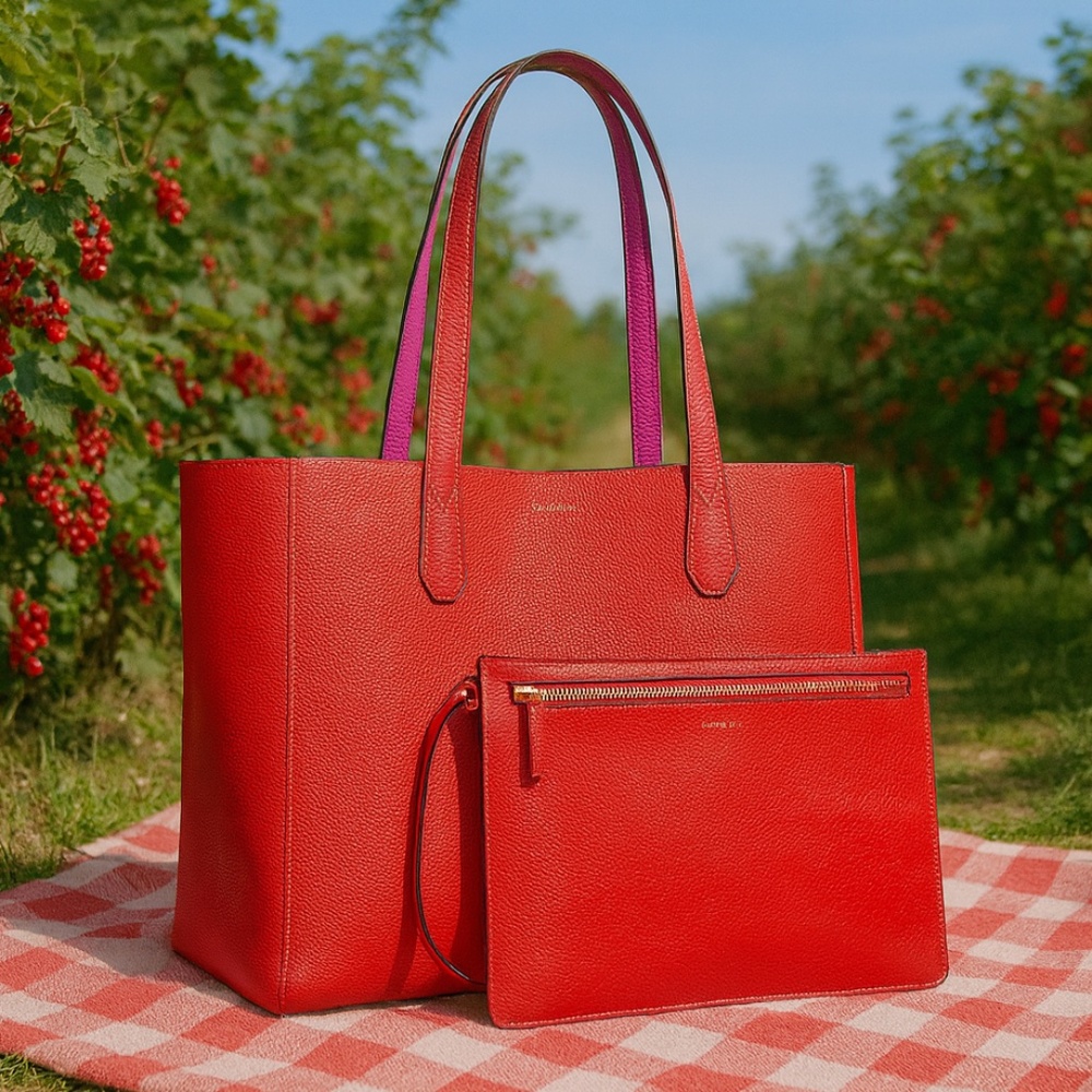 NEW Tory Burch Perry Brilliant Red/Crazy Pink Leather Reversible Mini Tote Bag
